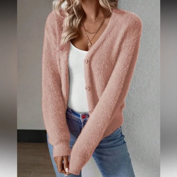 Women's Fuzzy Watermelon Pink Cardigan Sweater